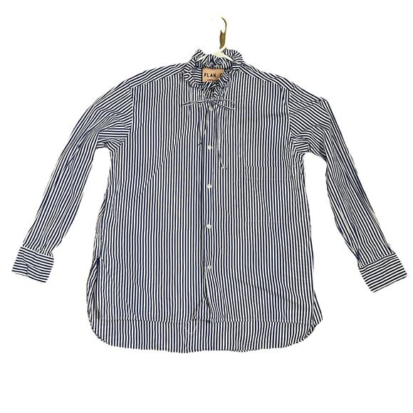Plan C Plancy Ruffle Collar Striped Poplin Button Up Blouse Size 46 Tunic Y7 - Picture 5 of 9